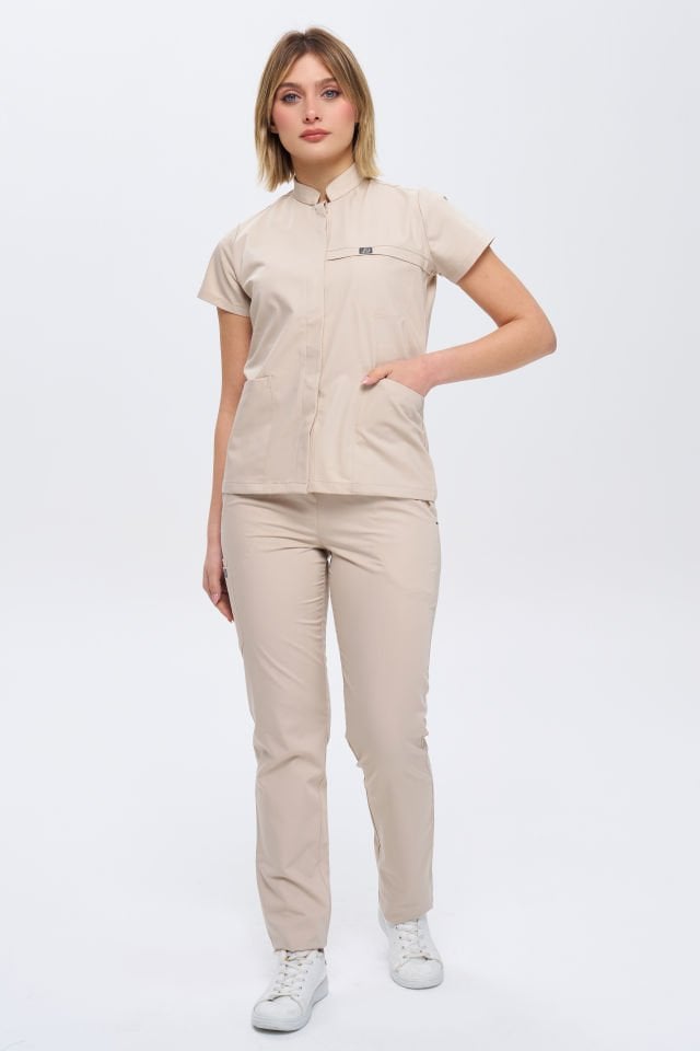 930 Bej Gizli Çıtçıtlı Likralı Viscon Takım(Pantolon Kargo Cep)