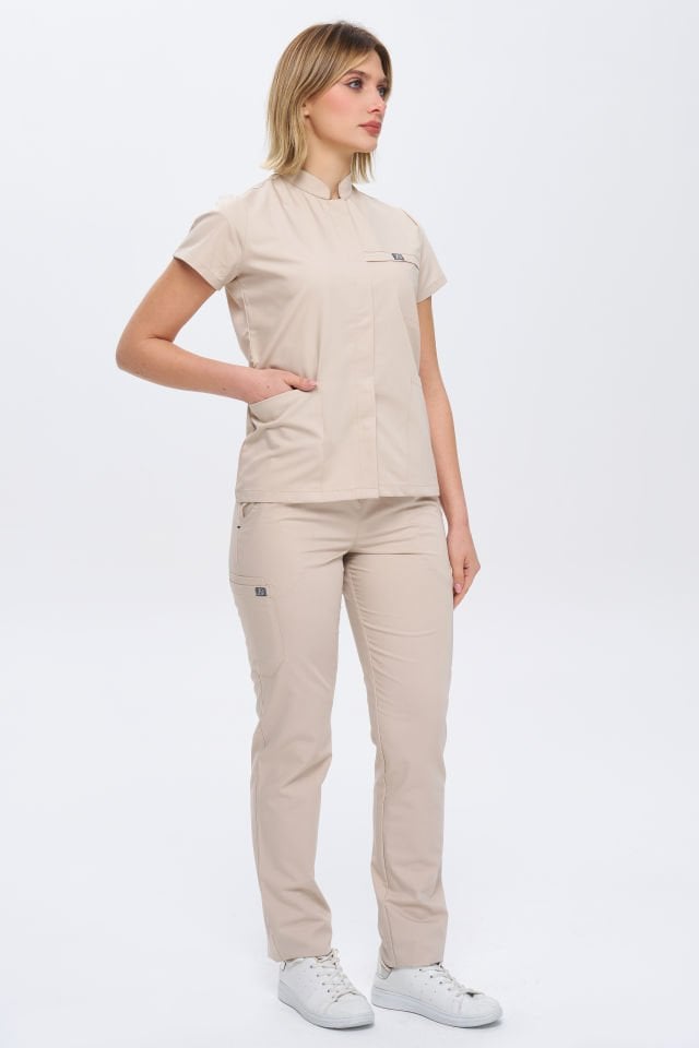 930 Bej Gizli Çıtçıtlı Likralı Viscon Takım(Pantolon Kargo Cep)