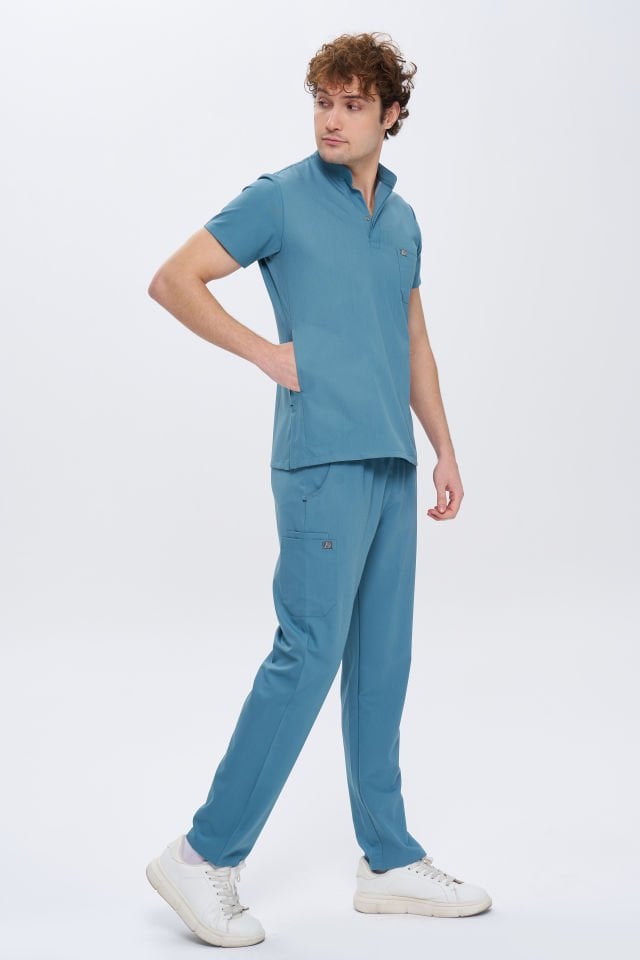 980 Açık Mavi Gizli Çıtçıtlı Gizli Cepli Likralı Viscon Takım(Pantolon Kargo Cep)