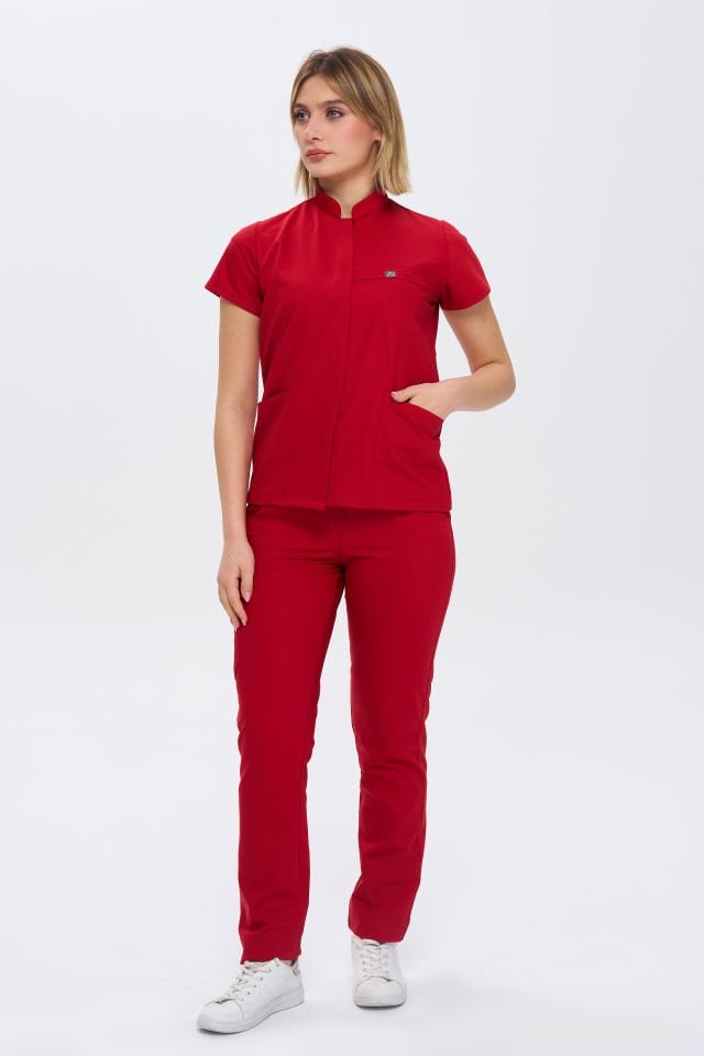 930 Kırmızı Gizli Çıtçıtlı Likralı Viscon Takım(Pantolon Kargo Cep)