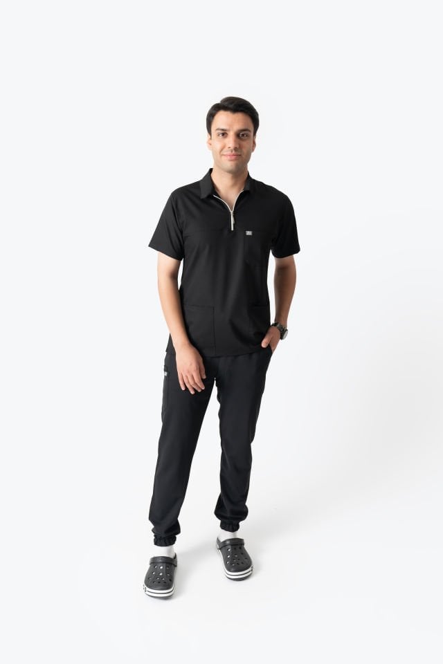 960 Siyah Polo Yaka Fermuarlı Jogger Pantolon Takım