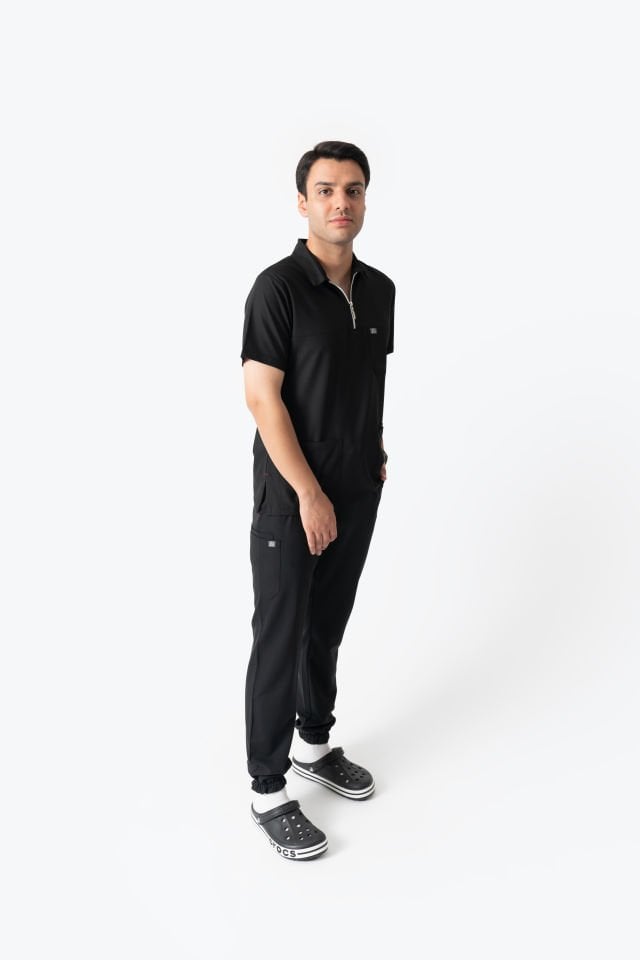960 Siyah Polo Yaka Fermuarlı Jogger Pantolon Takım