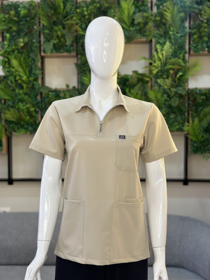 960 Bej Rengi Polo Yaka Fermurlı Tek Üst