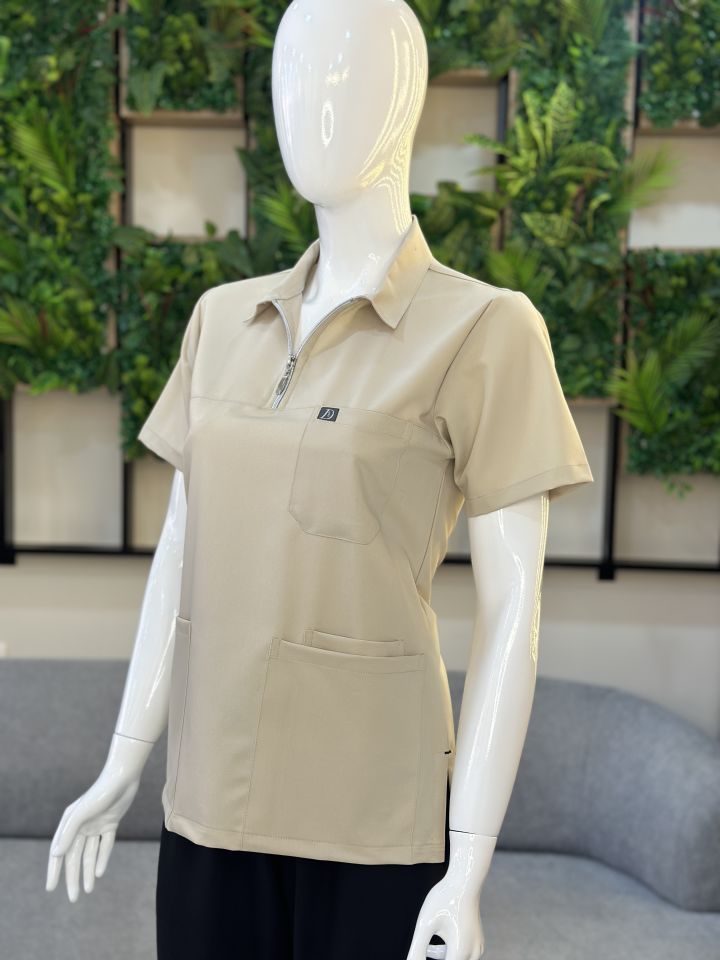 960 Bej Rengi Polo Yaka Fermurlı Tek Üst