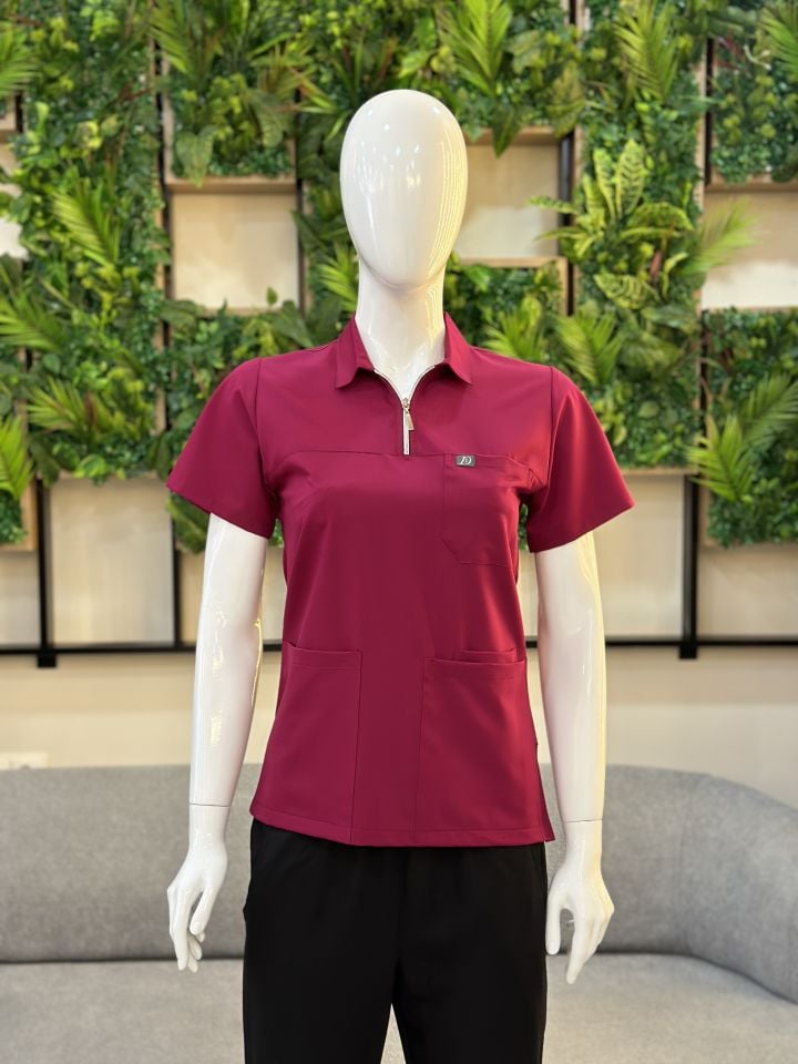 960 Vişne Rengi Polo Yaka Fermuarlı Tek Üst