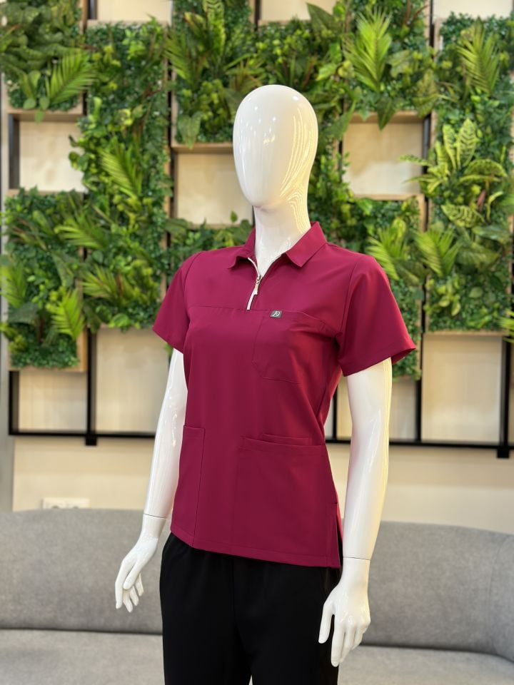 960 Vişne Rengi Polo Yaka Fermuarlı Tek Üst