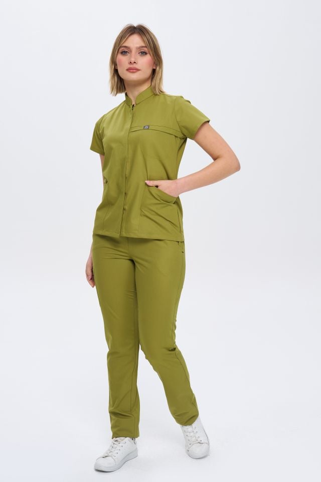 930 Yağ Yeşil Gizli Çıtçıtlı Likralı Viscon Takım(Pantolon Kargo Cep)