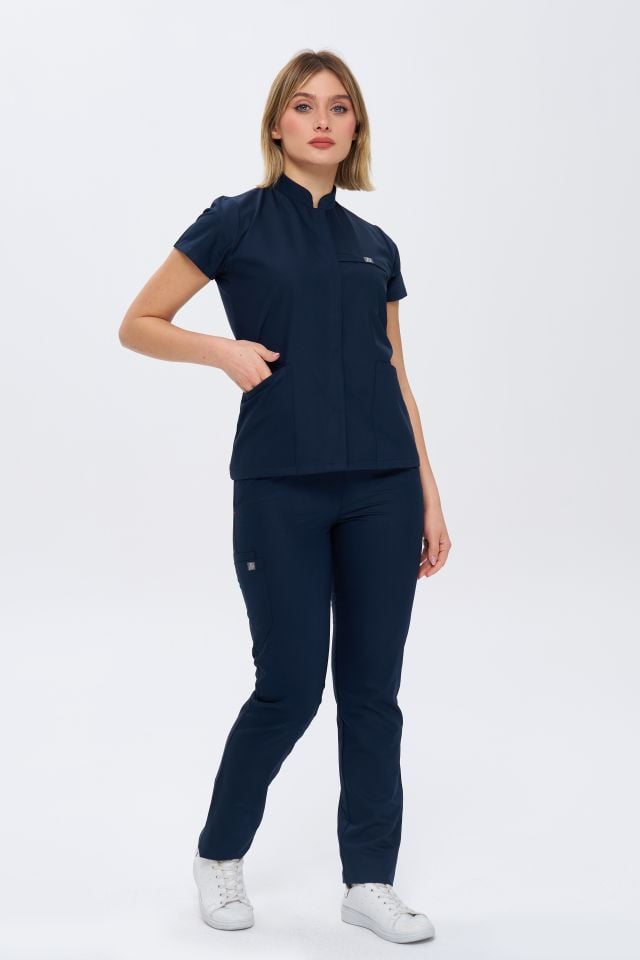 930 Lacivert Gizli Çıtçıtlı Likralı Viscon Takım(Pantolon Kargo Cep)