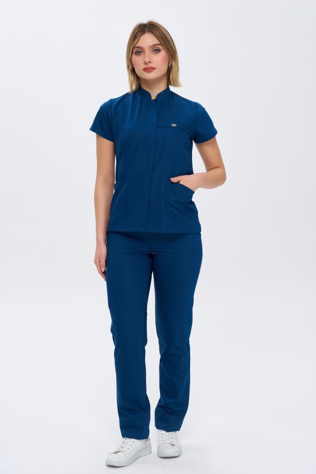 930 Petrol Mavi  Gizli Çıtçıtlı Likralı Viscon Takım(Pantolon Kargo Cep)