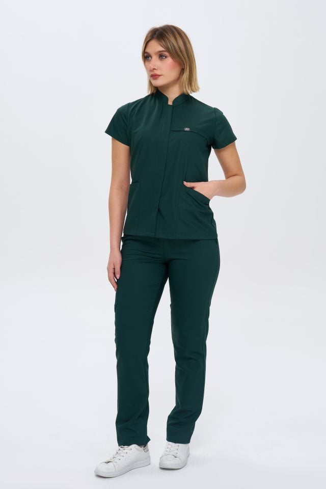 930 Koyu Yeşil  Gizli Çıtçıtlı Likralı Viscon Takım(Pantolon Kargo Cep)