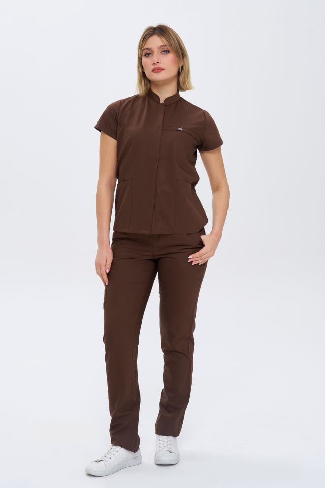 930 Kahverengi   Gizli Çıtçıtlı Likralı Viscon Takım(Pantolon Kargo Cep)