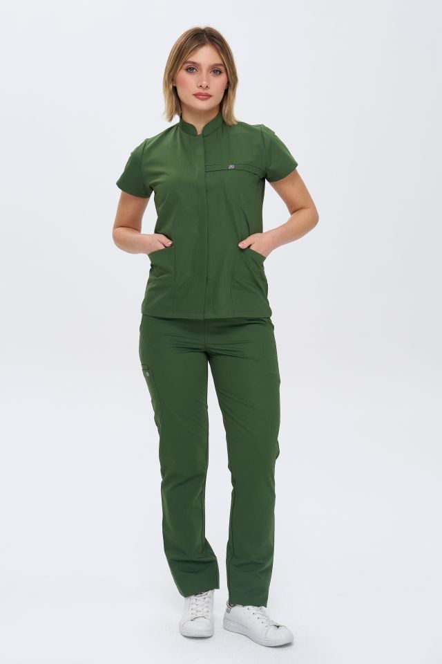 930 Kına  Yeşil Gizli Çıtçıtlı Likralı Viscon Takım(Pantolon Kargo Cep)