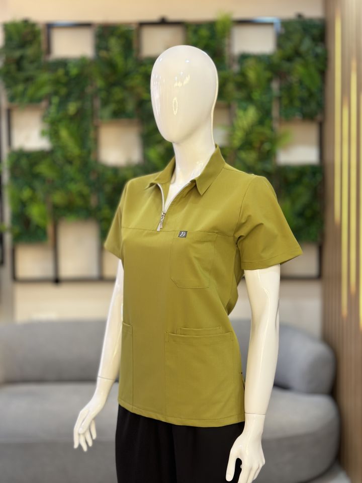 960 Yağ Yeşili Polo Yaka Fermuarlı Tek Üst