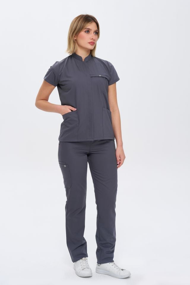 930  Gri  Gizli Çıtçıtlı Likralı Viscon Takım(Pantolon Kargo Cep)