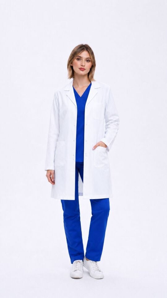 Kadın-Beyaz Doktor-Laboratuvar Önlüğü Klasik Yaka Uzun Kol Orta Boy