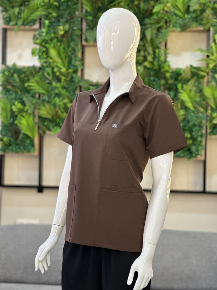 960 Kahverengi Polo Yaka Fermuarlı Tek Üst