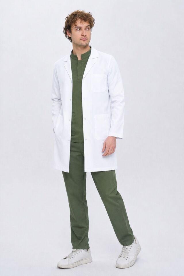 Erkek-Beyaz Doktor-Laboratuvar Önlüğü Klasik Yaka Uzun Kol Orta Boy