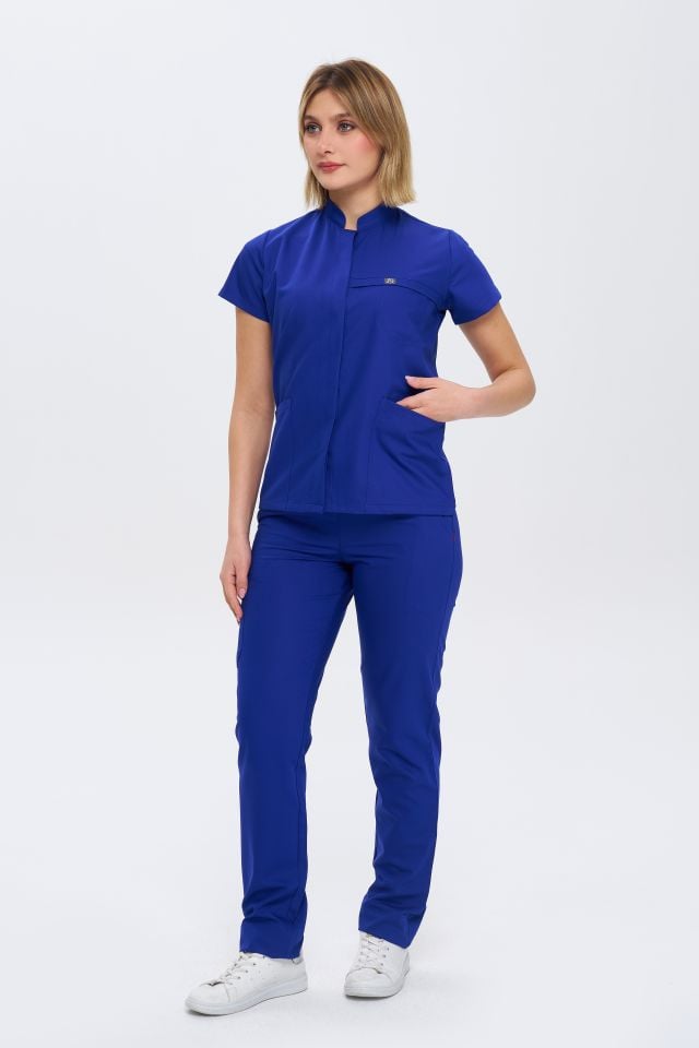 930 Saks Mavi  Gizli Çıtçıtlı Likralı Viscon Takım(Pantolon Kargo Cep)