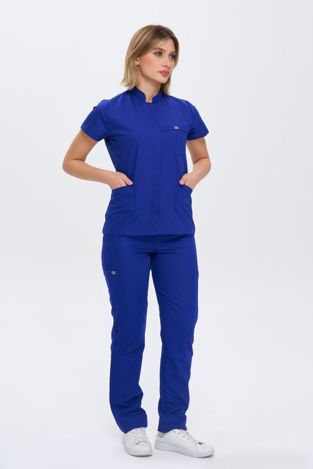 930 Saks Mavi  Gizli Çıtçıtlı Likralı Viscon Takım(Pantolon Kargo Cep)