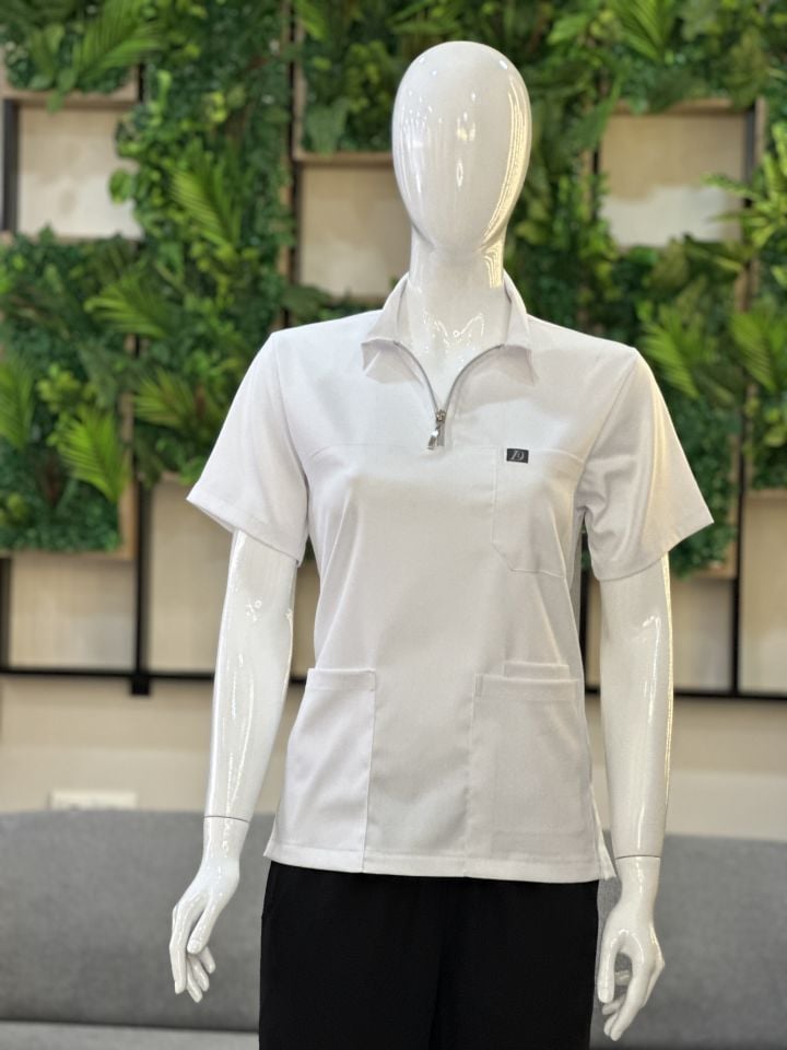 960 Beyaz Polo Yaka Fermuarlı Tek Üst