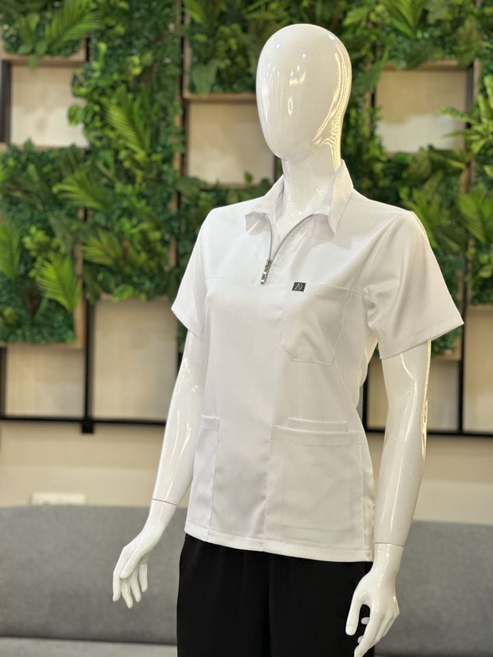 960 Beyaz Polo Yaka Fermuarlı Tek Üst