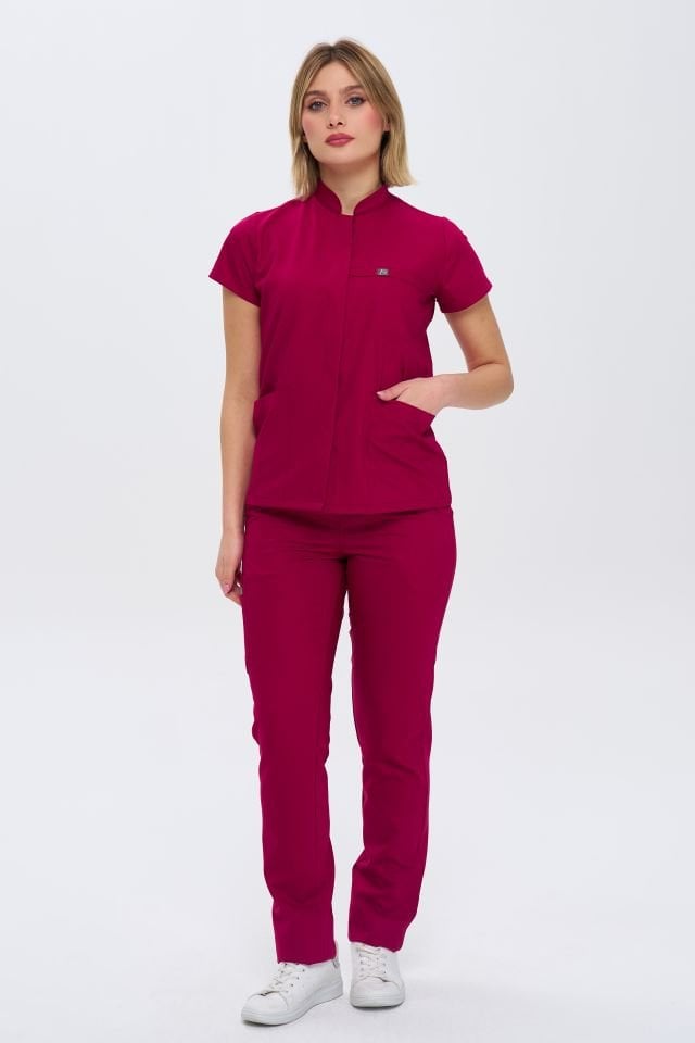 930 Vişne  Gizli Çıtçıtlı Likralı Viscon Takım(Pantolon Kargo Cep)