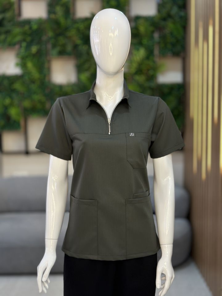 960 Haki Yeşil Polo Yaka Fermuarlı Tek Üst