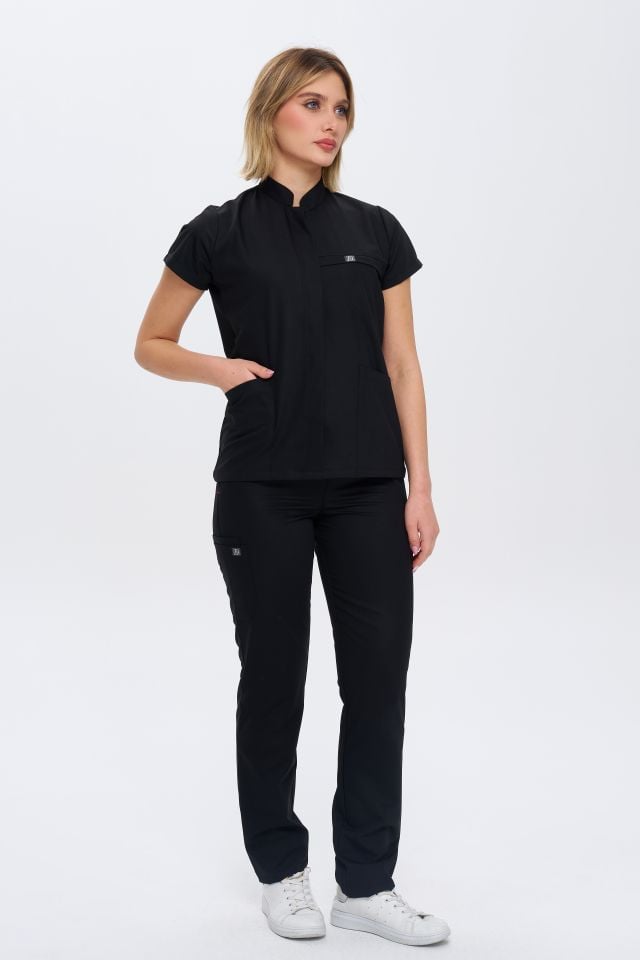 930 Siyah  Gizli Çıtçıtlı Likralı Viscon Takım(Pantolon Kargo Cep)