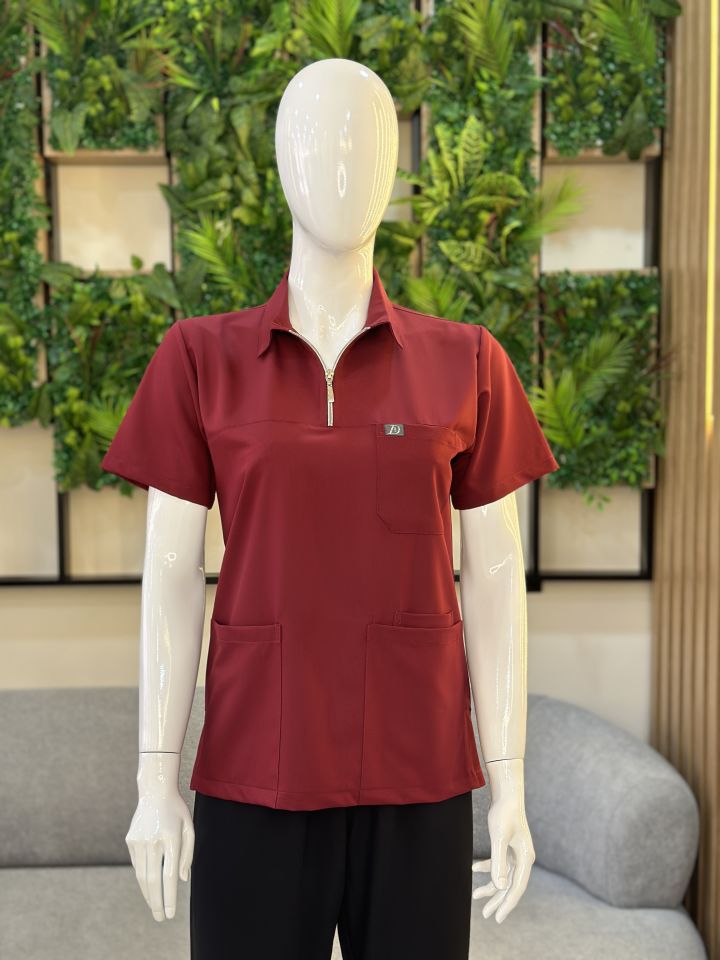 960 Bordo Polo Yaka Fermuarlı Tek Üst