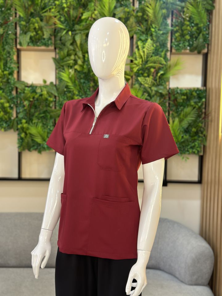 960 Bordo Polo Yaka Fermuarlı Tek Üst