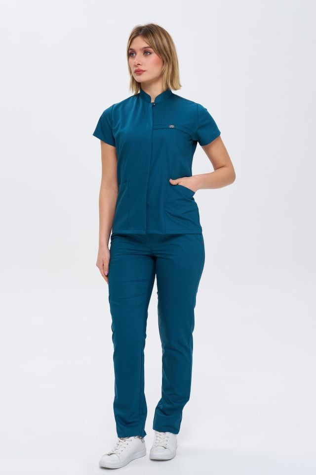 930  Petrol Yeşil Gizli Çıtçıtlı Likralı Viscon Takım(Pantolon Kargo Cep)