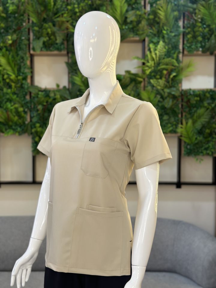 960 Bej Rengi Polo Yaka Fermuarlı Tek Üst