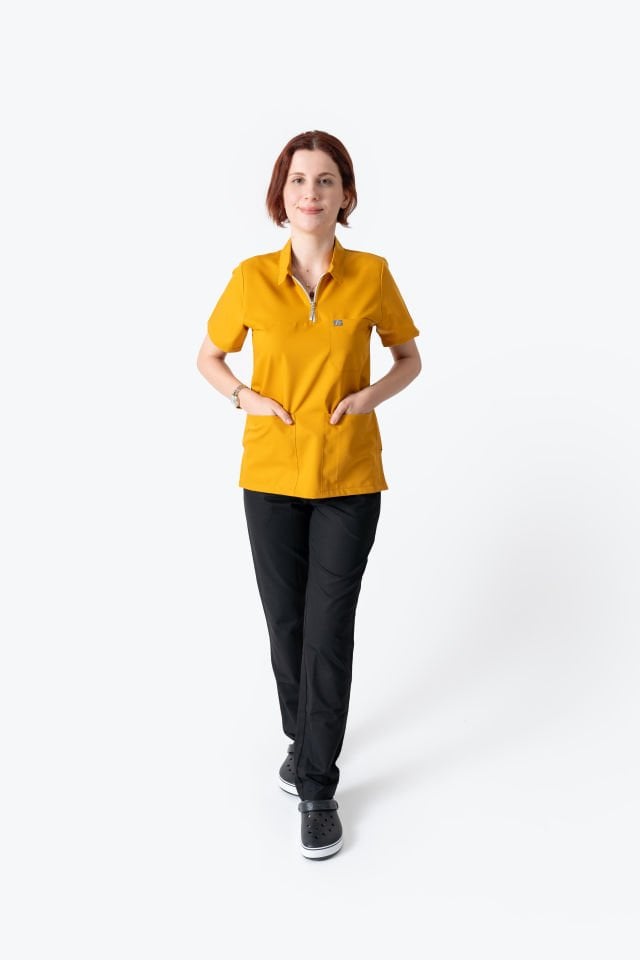 960 Hardal Sarısı Polo Yaka Fermuarlı Tek  Üst