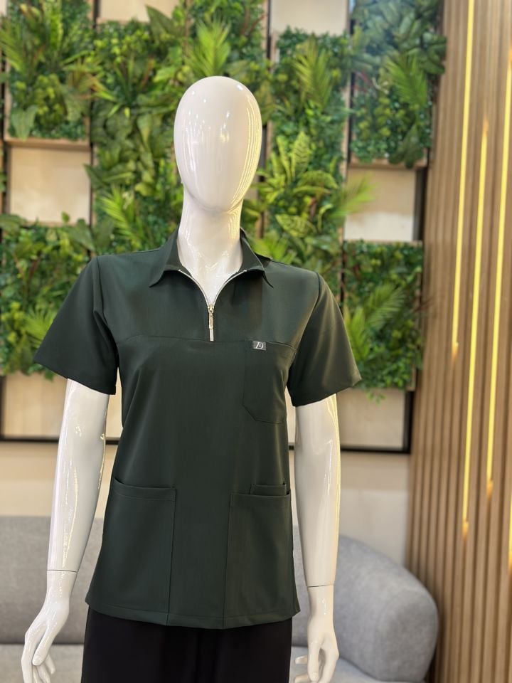 960 Koyu Yeşil Polo Yaka Fermuarlı Tek Üst