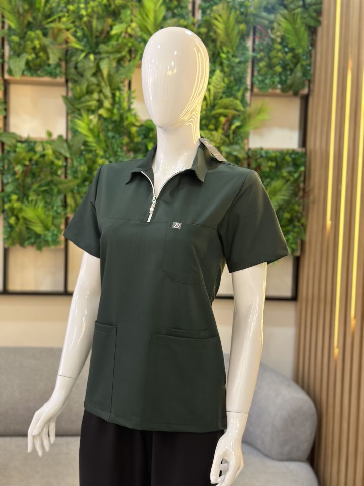 960 Koyu Yeşil Polo Yaka Fermuarlı Tek Üst