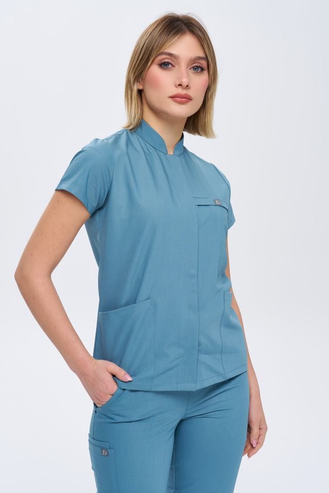 930 Açık  Mavi Gizli Çıtçıtlı Likralı Viscon Tek Üst